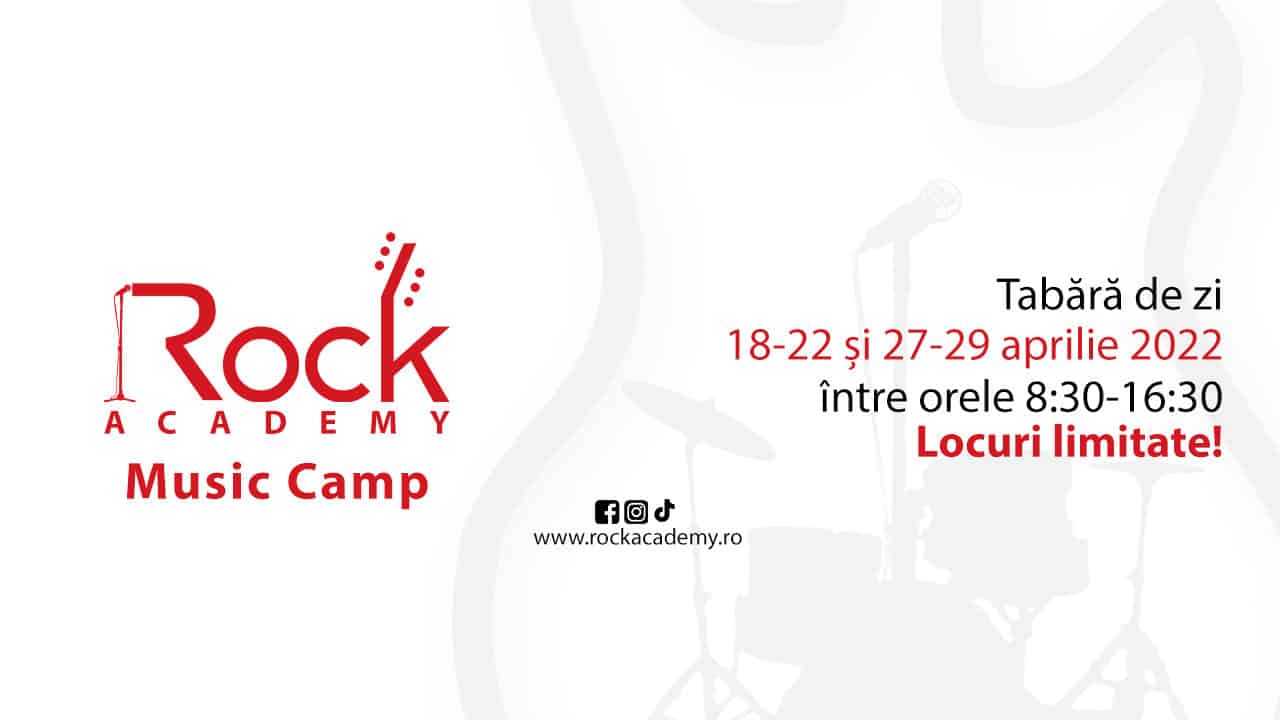 May be an image of text that says "Rock ACADEMY Music Camp Tabără de zi 18-22 și 27-29 aprilie 2022 între orele 8:30-16:30 Locuri limitate! fos www.rockacademy.ro"