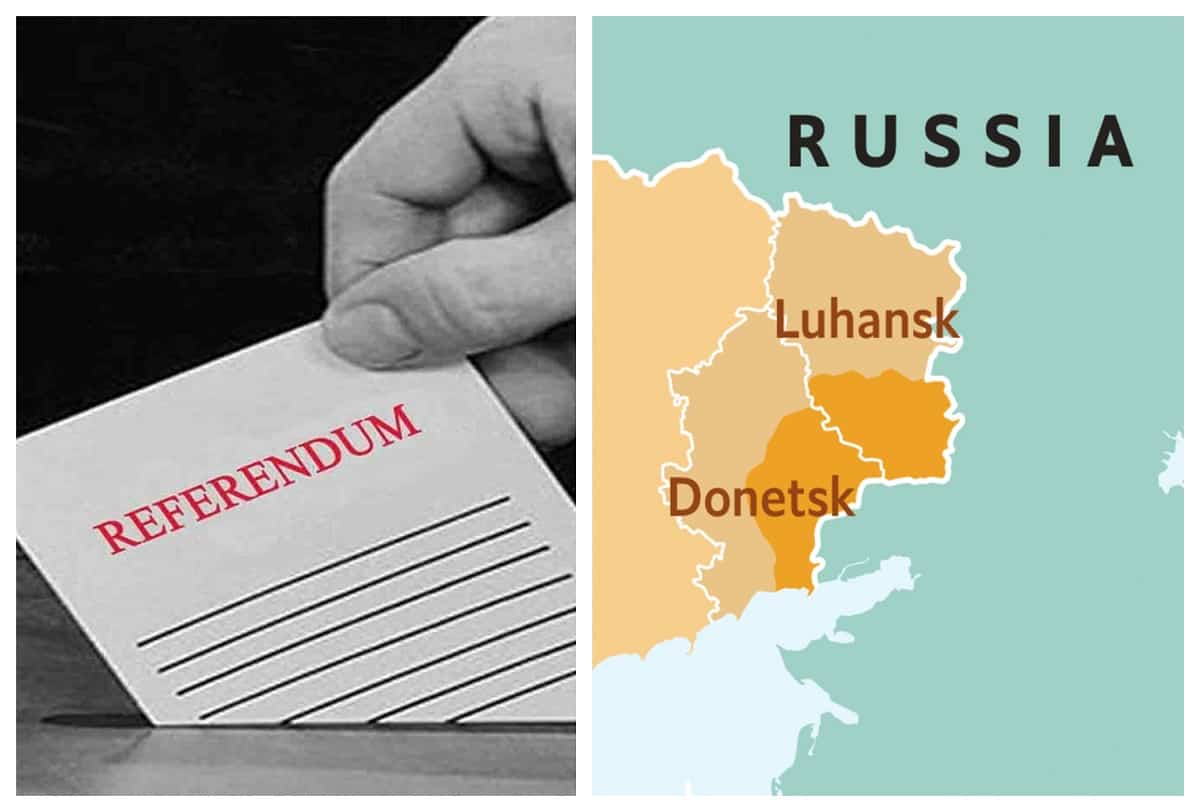 referendumuri cu forța în ucraina. soldați ruși înarmați merg din