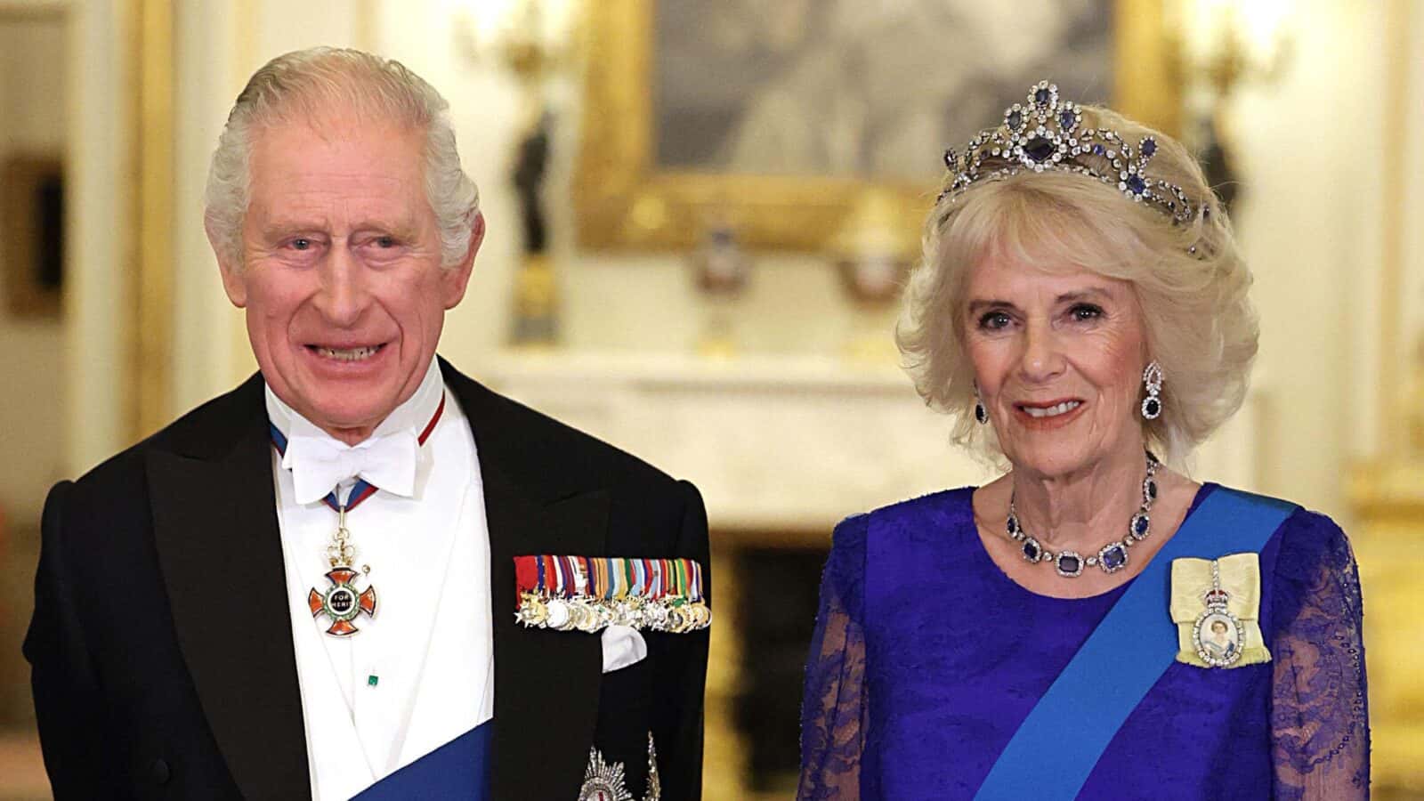 king charles iii and the queen consort during the state banquet held at buckingham palace in london, during the state visit to the uk by president cyril ramaphosa of south africa. picture date: tuesday november 22, 2022.