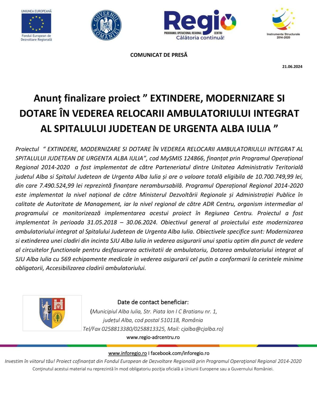 comunicat finalizare proiect Extindere, modernizare și dotare în vederea relocării ambulatoriului integrat al Spitalului Județean de Urgență Alba Iulia