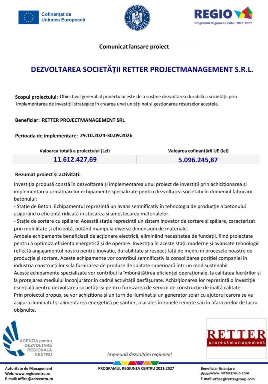 comunicat lansare proiect: dezvoltarea societĂȚii retter projectmanagement s.r.l.