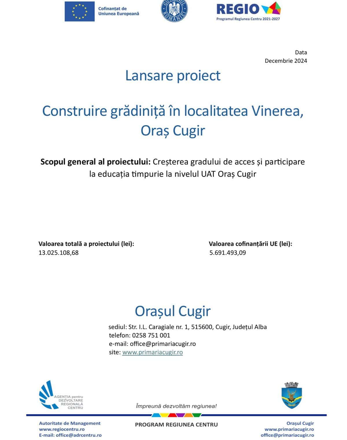 Comunicat lansare proiect grădiniță Vinerea