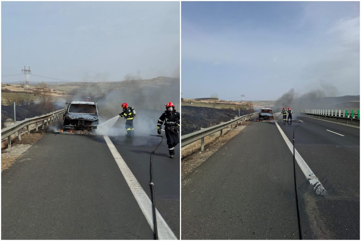 foto: o mașină a ars pe autostrada a1 sebeș sibiu, în