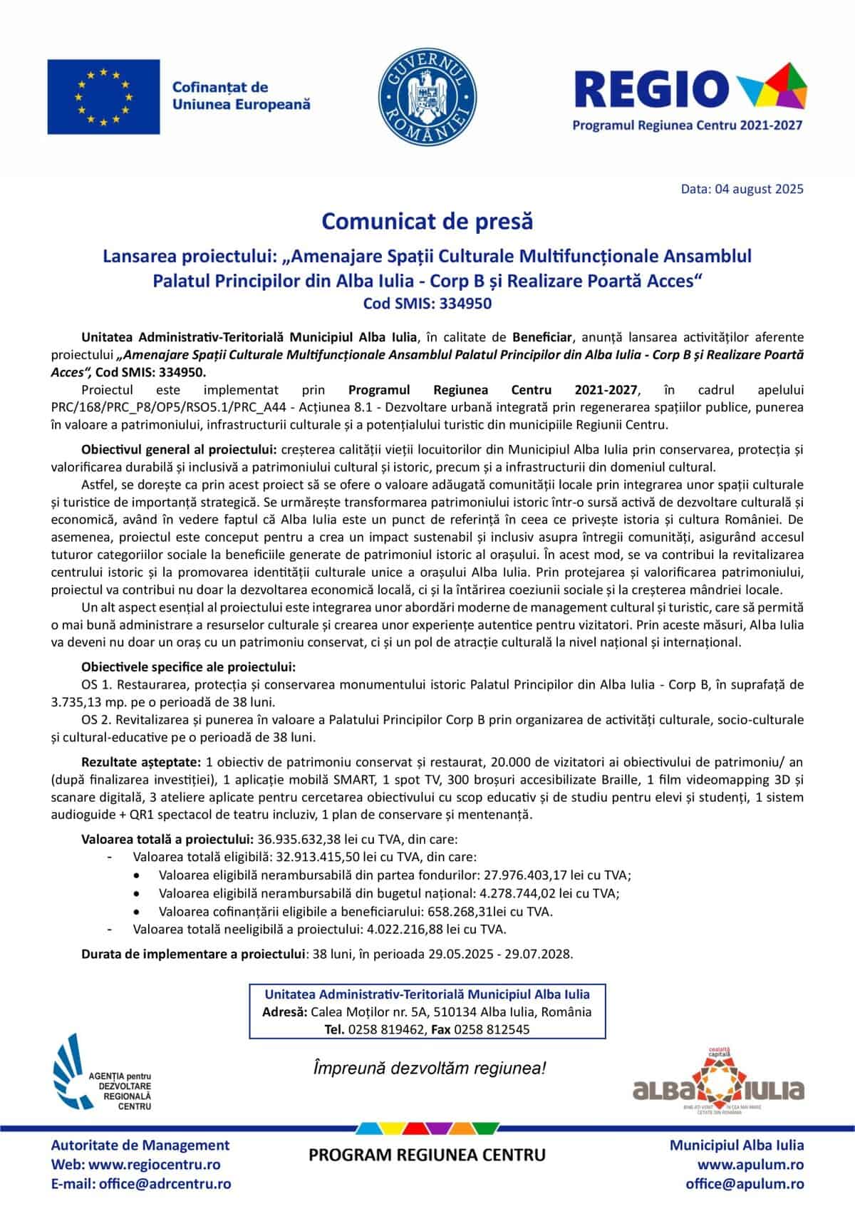 comunicat lansare proiect amenajare Palatul Principilor